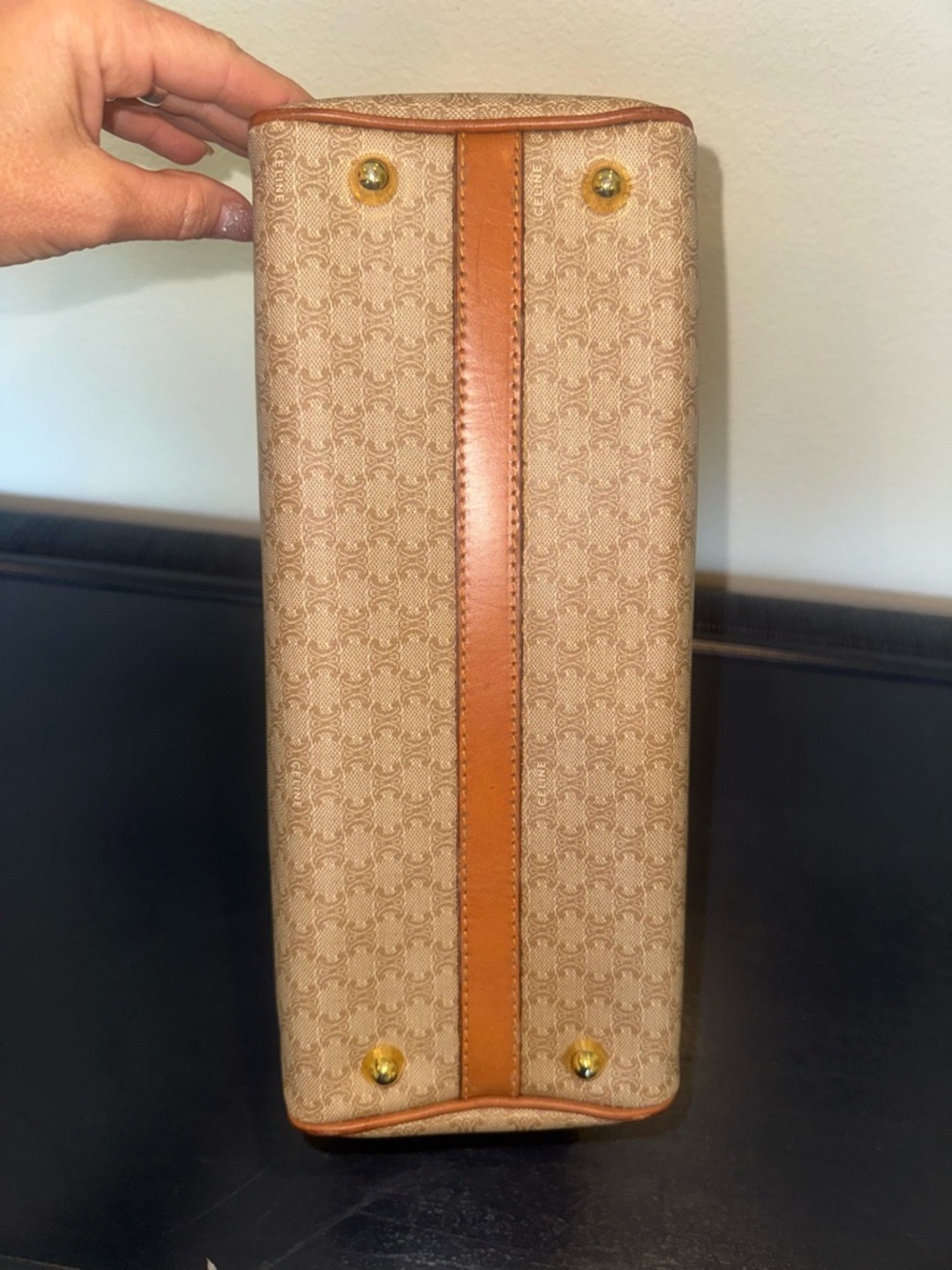 Celine Beige Monogram Macadam Boston Bag with Tan Leather Trim - Picture 7 of 16